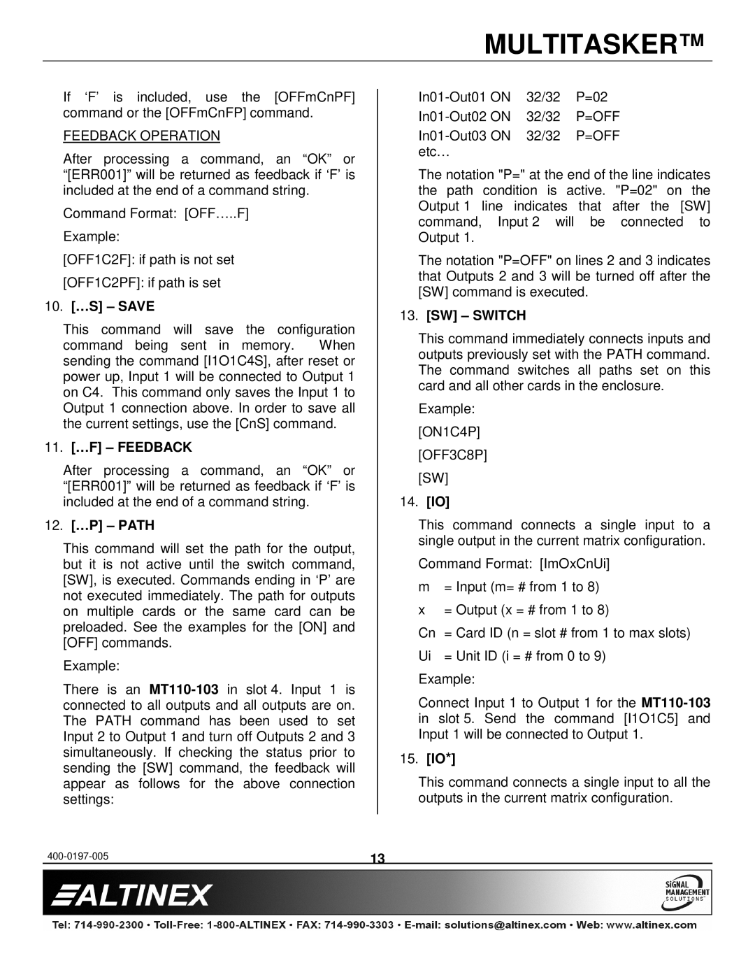 Altinex MT110-101 manual 10. …S Save, 11. …F Feedback, 12. …P Path, SW Switch, 14. IO, 15. IO 