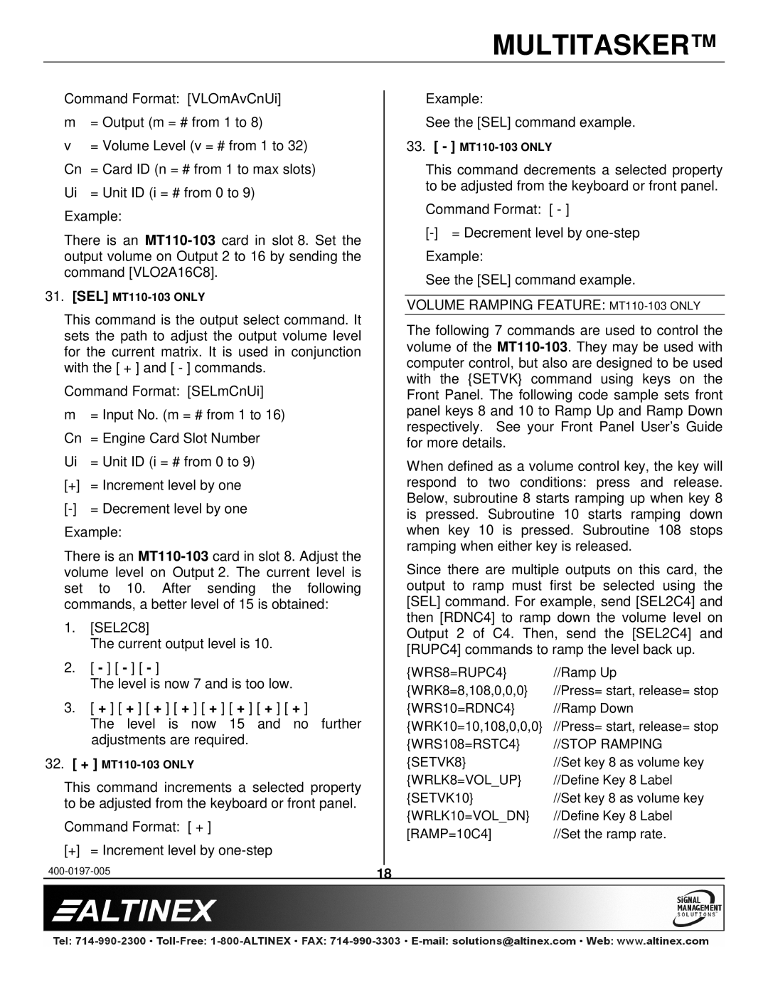 Altinex MT110-101 manual Volume Ramping Feature MT110-103 only 