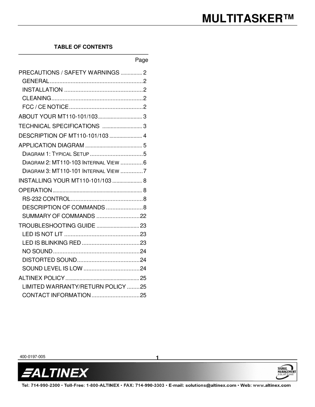 Altinex MT110-101 manual Table of Contents 