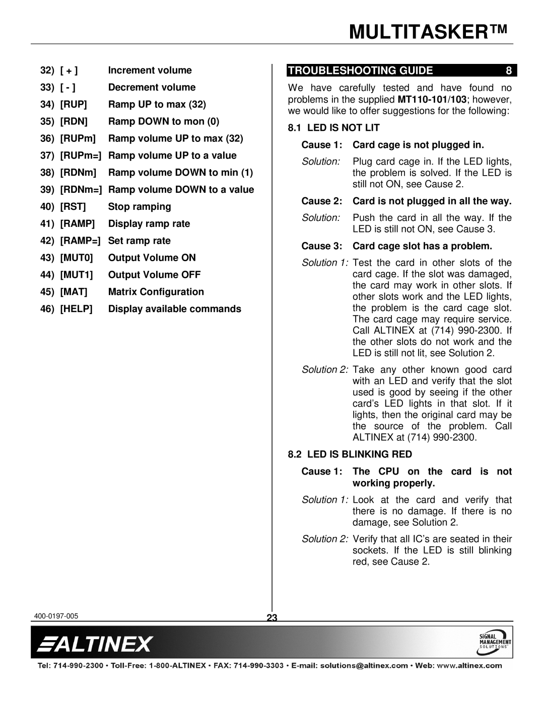 Altinex MT110-101 manual Troubleshooting Guide 