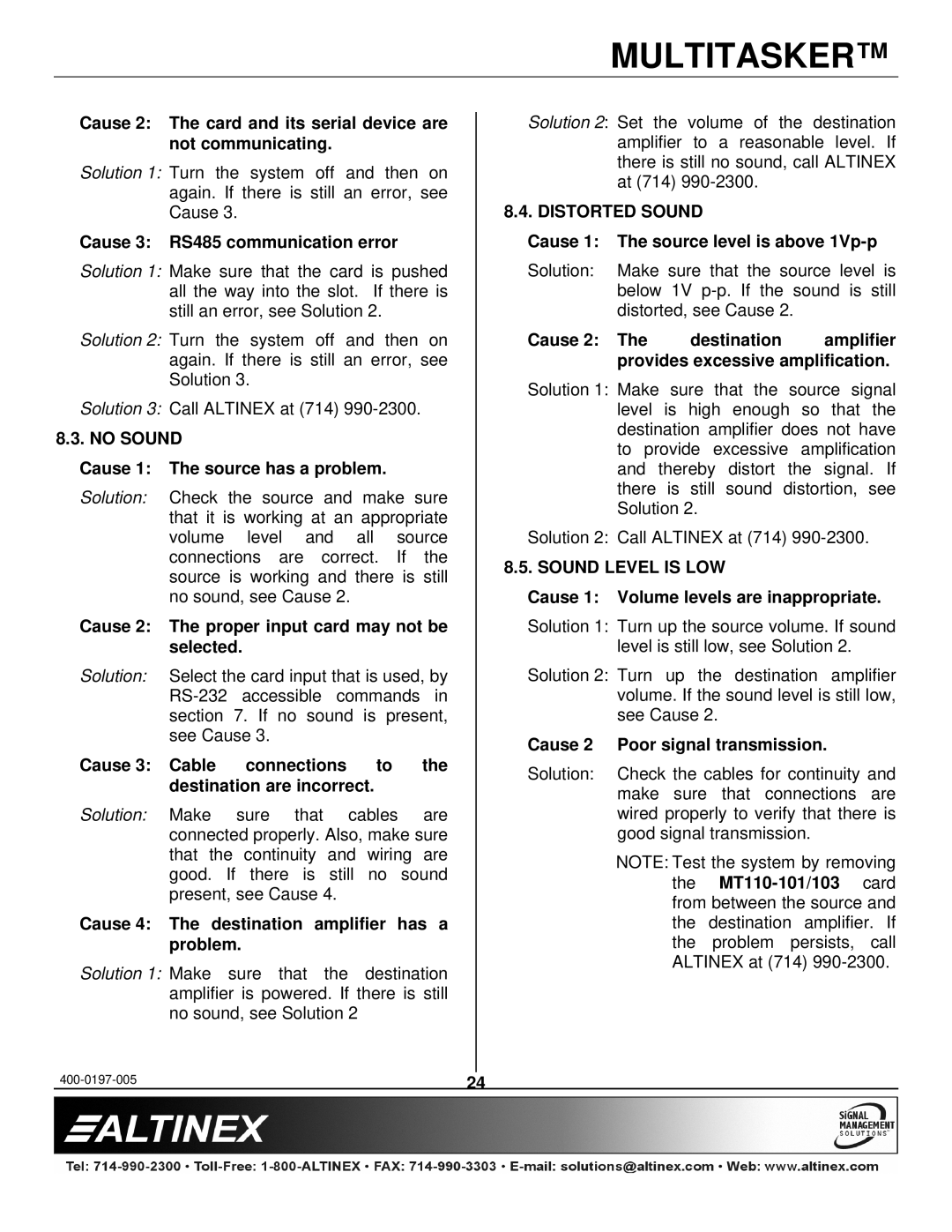 Altinex MT110-101 manual No Sound, Distorted Sound, Sound Level is LOW 