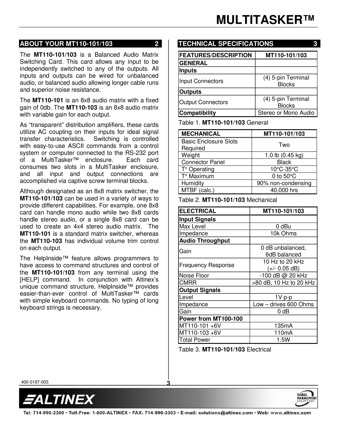 Altinex manual About Your MT110-101/103, Technical Specifications 