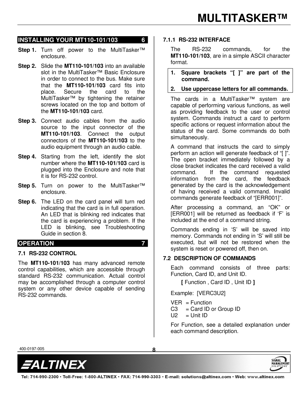 Altinex manual Installing Your MT110-101/103, Operation, RS-232 Control, 1 RS-232 Interface, Description of Commands 