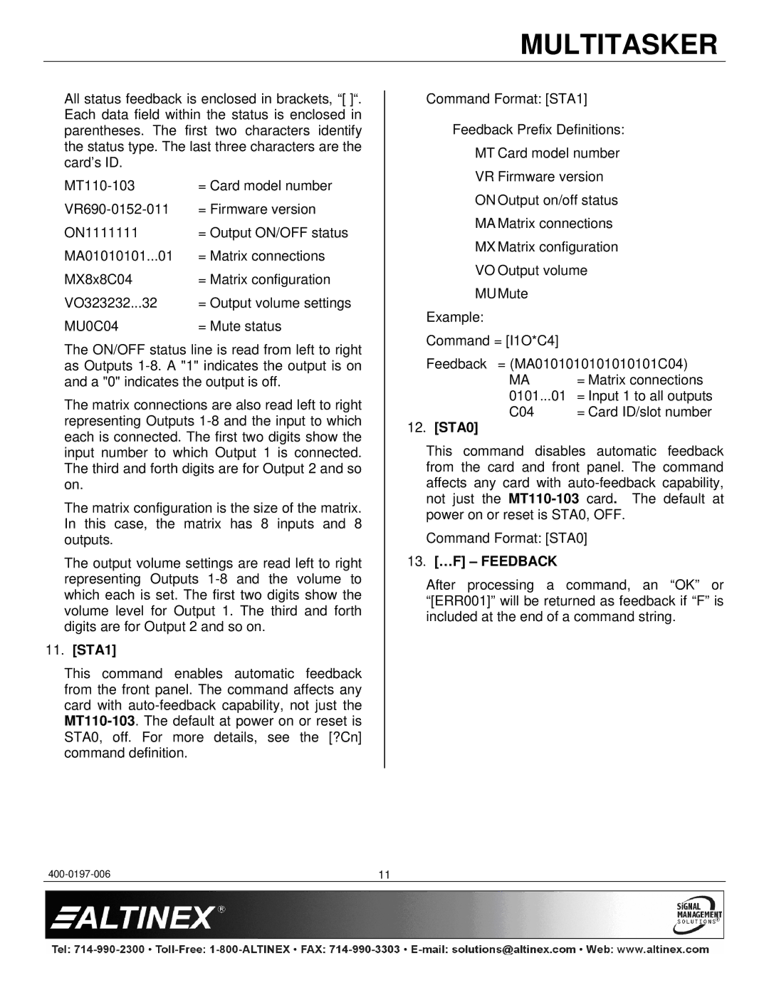 Altinex MT110-103 manual STA1, STA0, 13. …F Feedback 