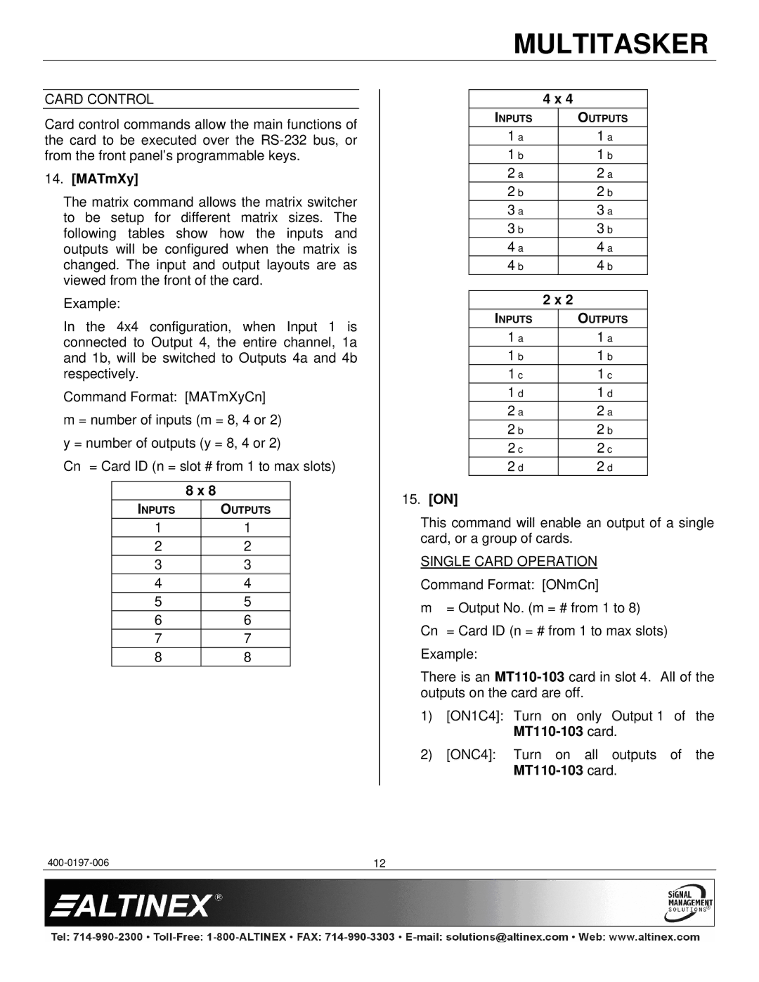 Altinex MT110-103 manual Card Control, MATmXy, 15. on, Single Card Operation 