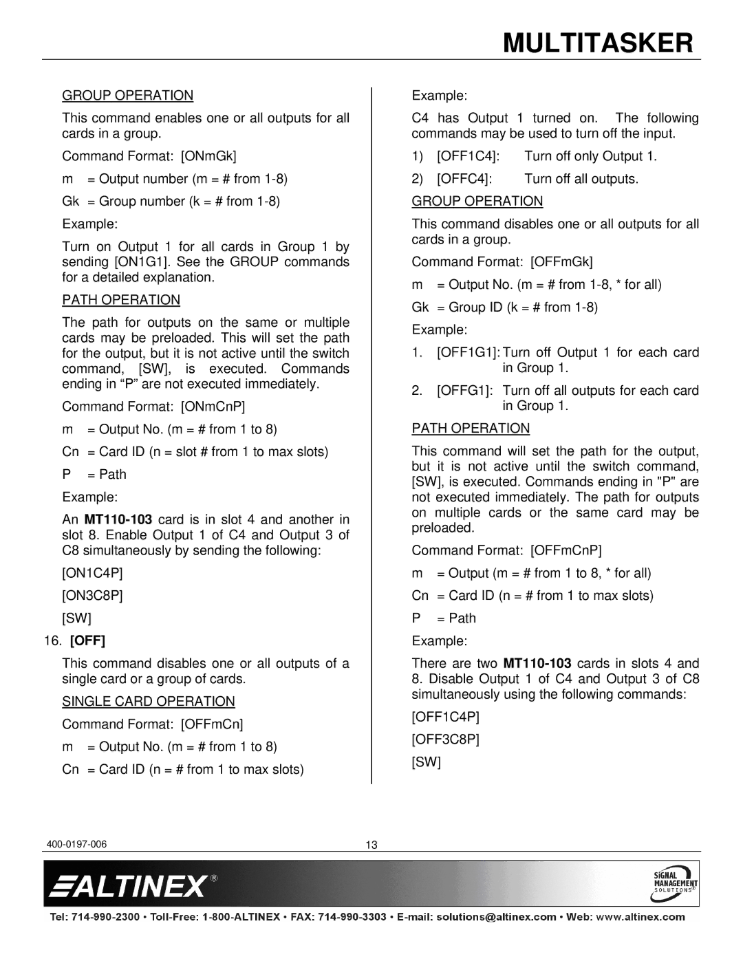 Altinex MT110-103 manual Group Operation, Path Operation, Off, OFF1C4P OFF3C8P 