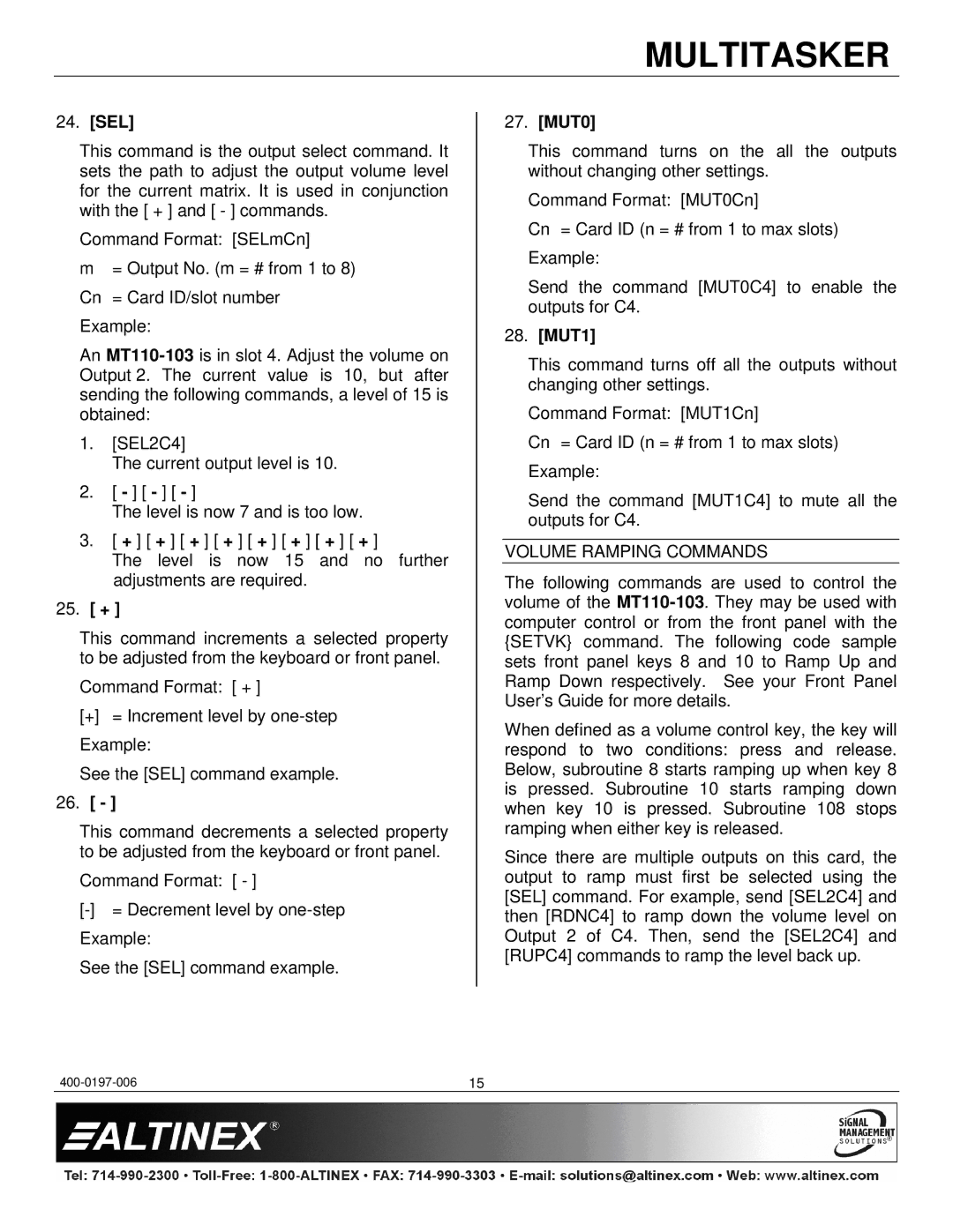 Altinex MT110-103 manual Sel, 25. +, MUT0, MUT1, Volume Ramping Commands 