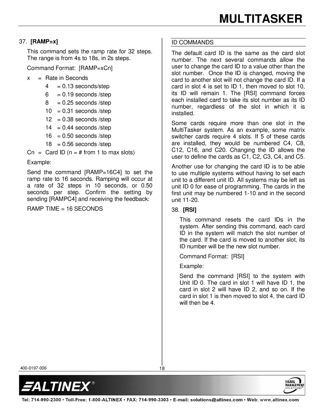 Altinex MT110-103 manual RAMP=x, Ramp Time = 16 Seconds ID Commands, Rsi 