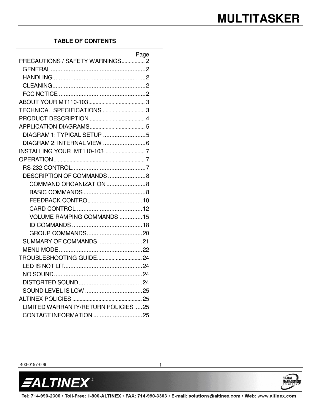 Altinex MT110-103 manual Table of Contents 