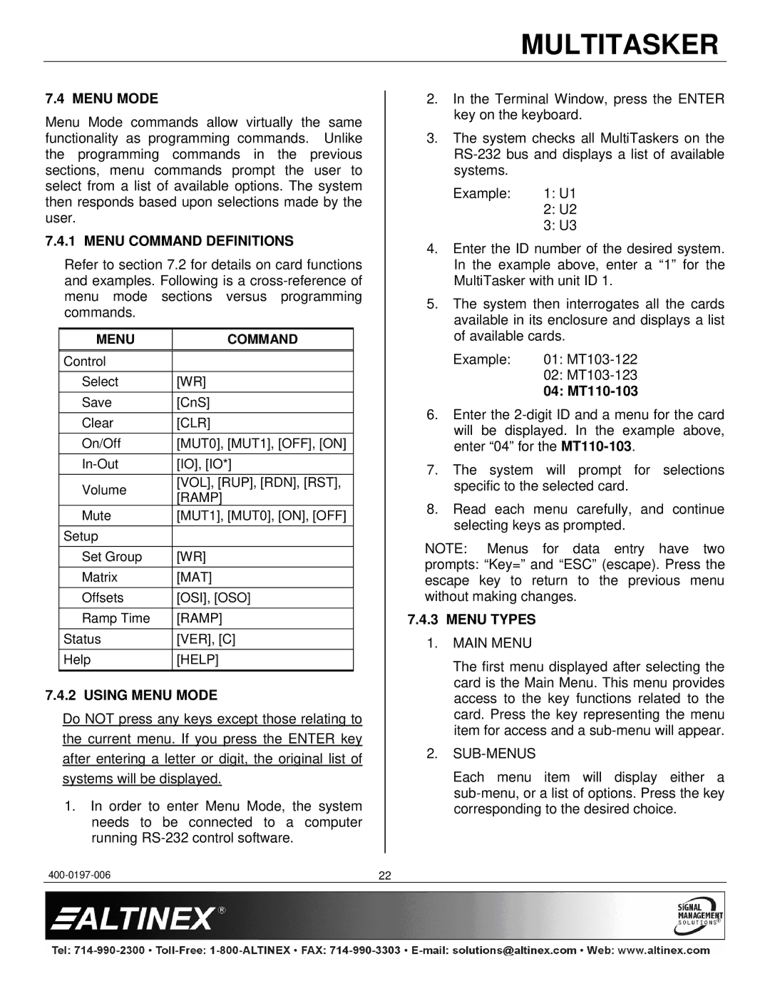 Altinex manual Menu Command Definitions, Using Menu Mode, 04 MT110-103, Menu Types 