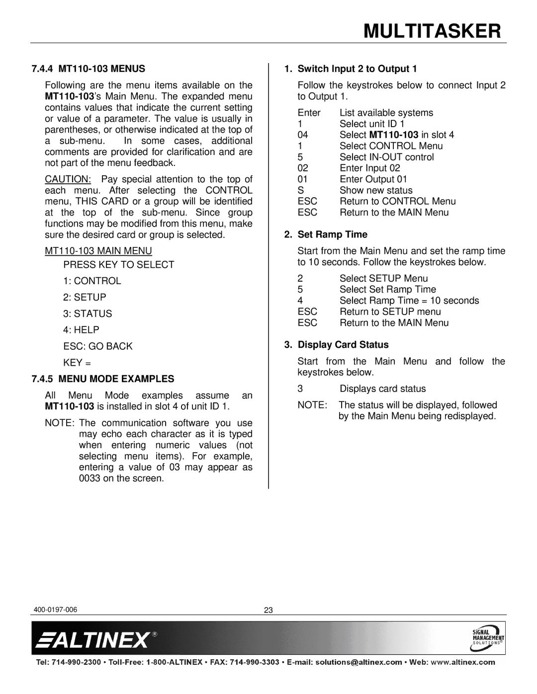 Altinex manual 4 MT110-103 Menus, Menu Mode Examples, Switch Input 2 to Output, Set Ramp Time, Display Card Status 