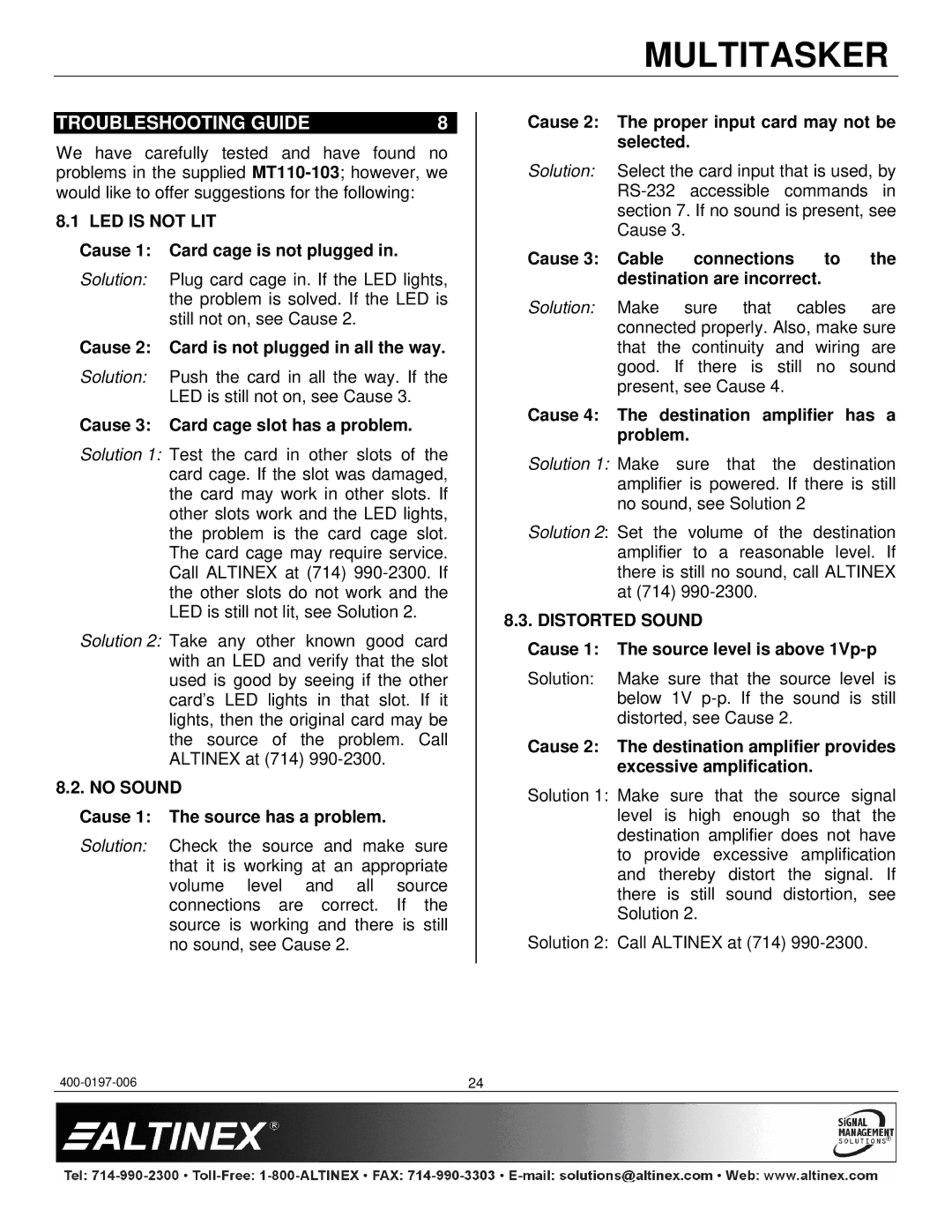 Altinex MT110-103 manual Troubleshooting Guide, LED is not LIT, No Sound, Distorted Sound 