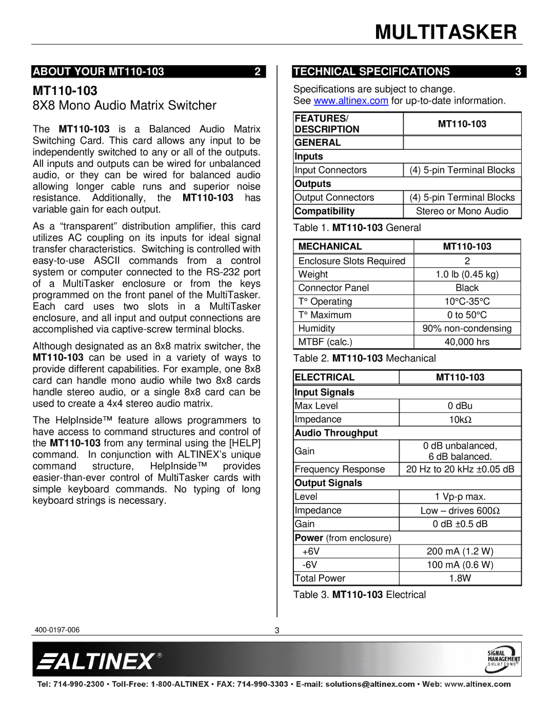 Altinex manual About Your MT110-103, Technical Specifications 