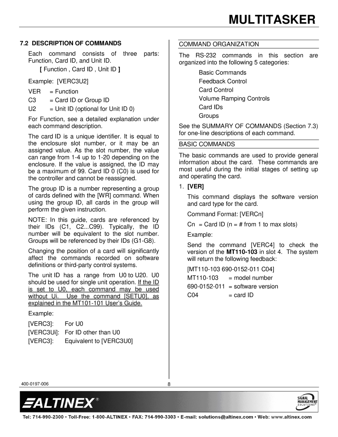 Altinex MT110-103 manual Description of Commands, Command Organization, Basic Commands, Ver 