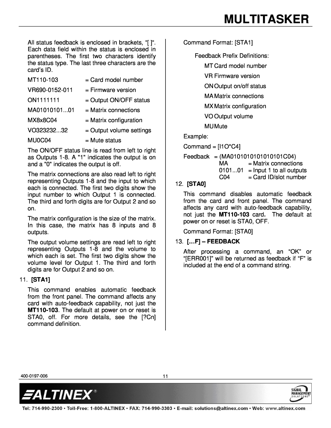 Altinex MT110-103 manual STA1, STA0, 13. …F - FEEDBACK, Multitasker 