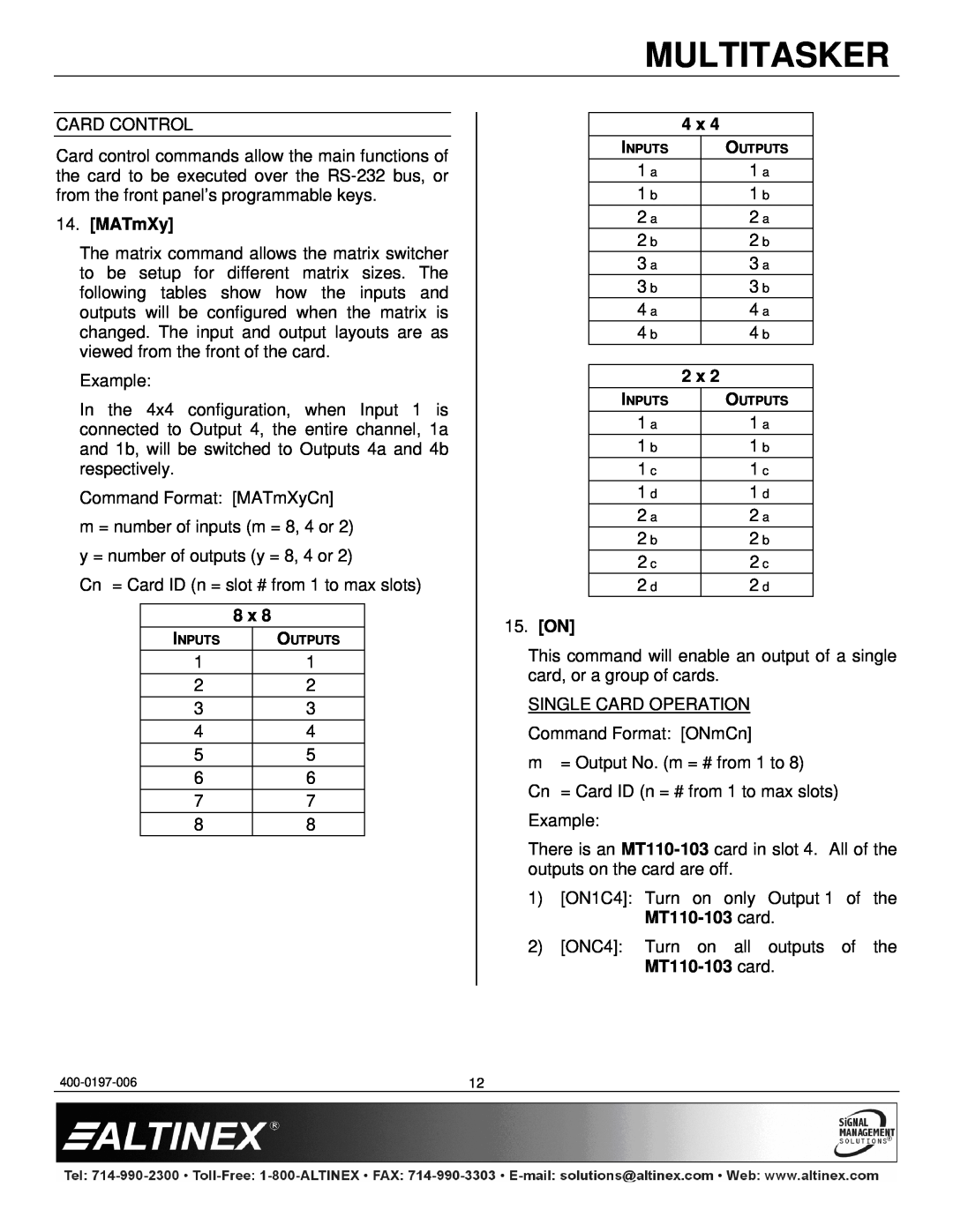 Altinex MT110-103 manual MATmXy, 15. ON, Multitasker, 1 c, 2 c 