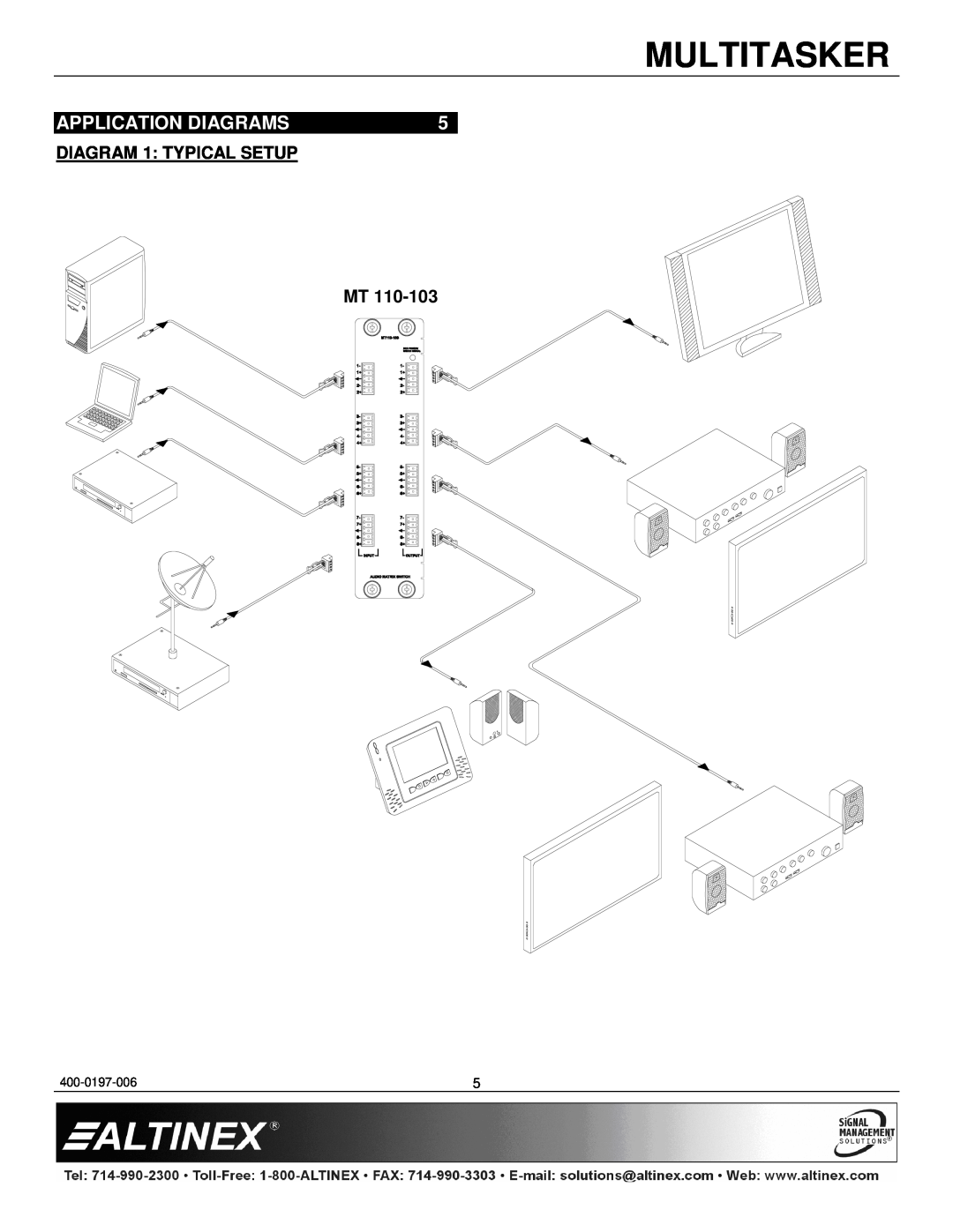 Altinex MT110-103 manual Application Diagrams, DIAGRAM 1 TYPICAL SETUP MT, Multitasker, 400-0197-006 
