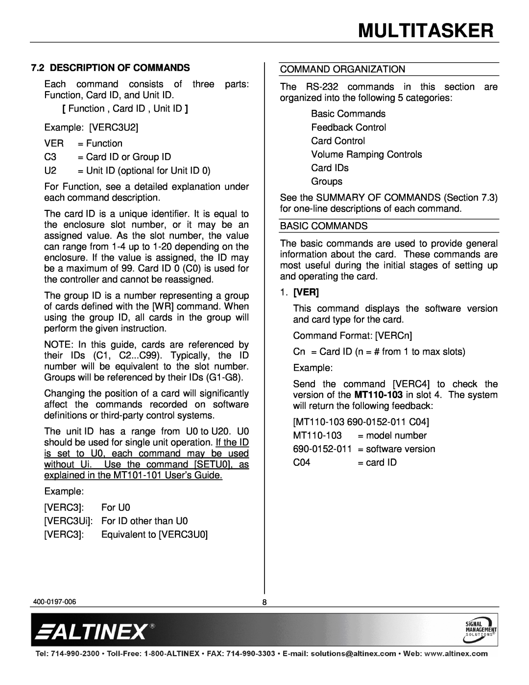 Altinex MT110-103 manual Description Of Commands, Ver, Multitasker 