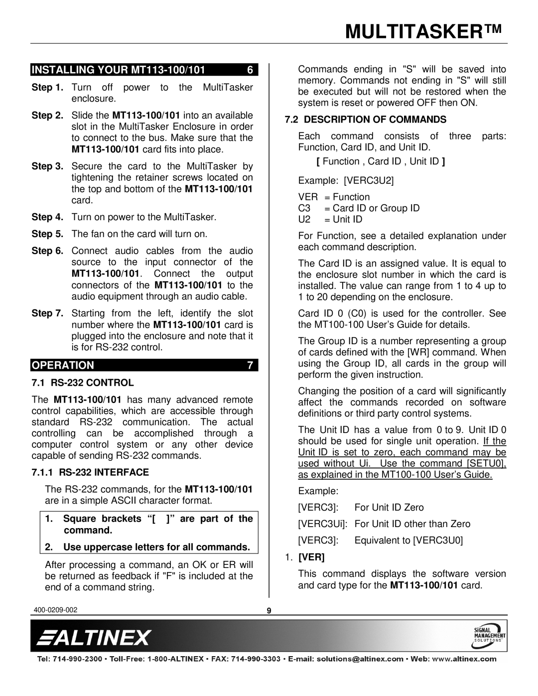 Altinex MT113-101 manual Installing Your MT113-100/101, Operation, Description of Commands 