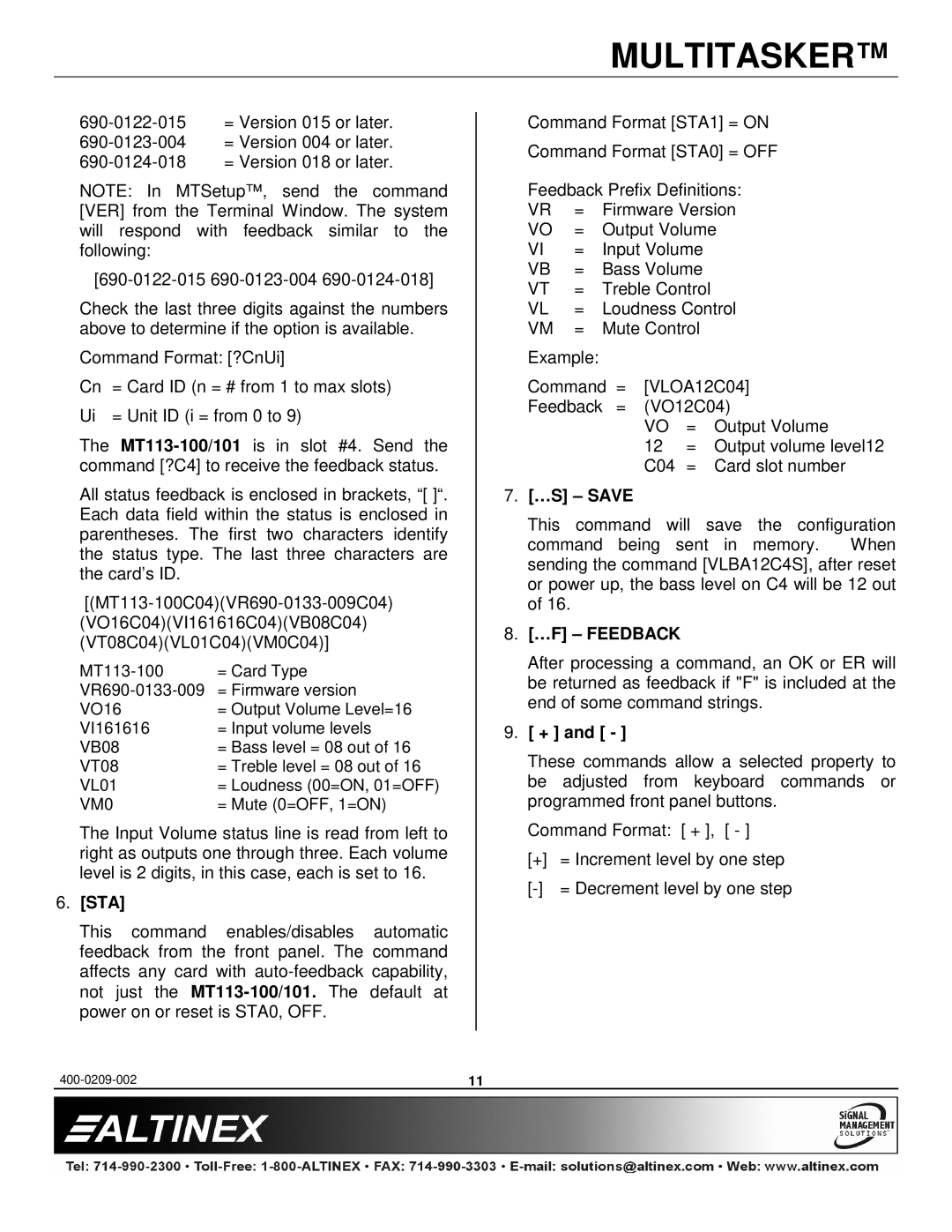 Altinex MT113-101, MT113-100 manual Sta, …S Save, …F Feedback 