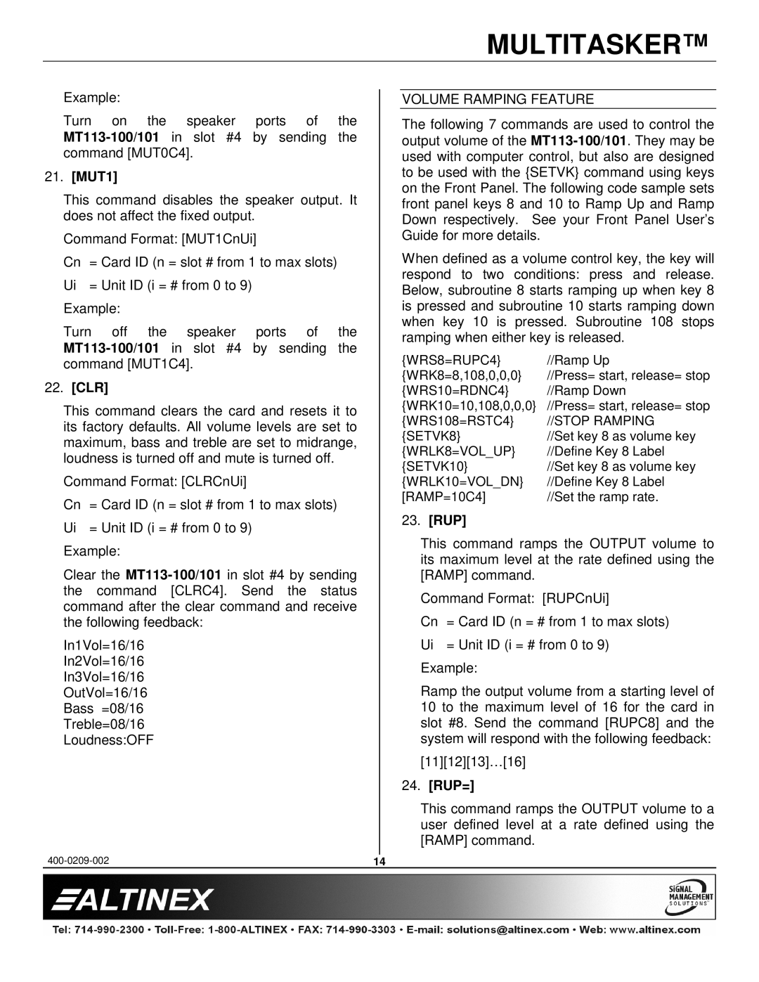 Altinex MT113-100, MT113-101 manual MUT1, Clr, Volume Ramping Feature, Rup= 