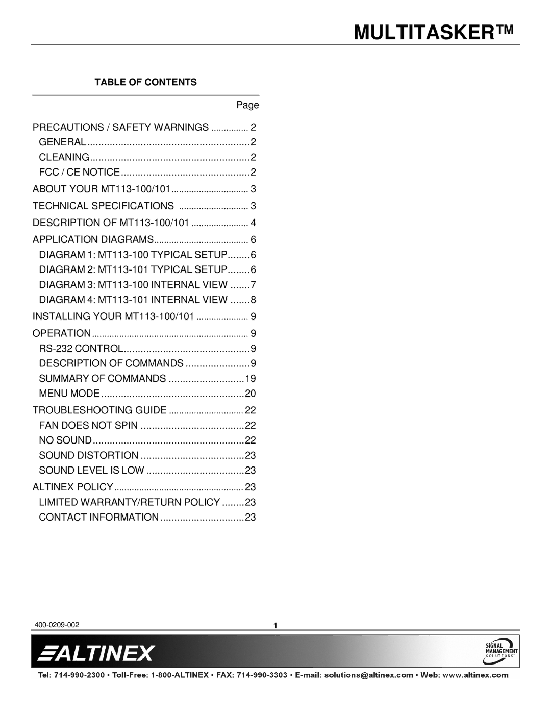 Altinex MT113-101, MT113-100 manual Table of Contents 