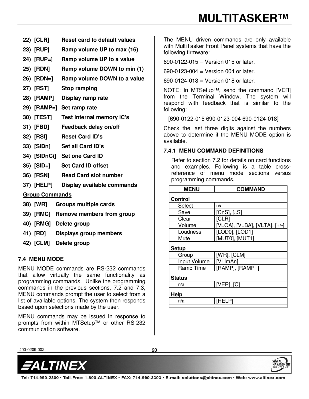 Altinex MT113-100, MT113-101 Clr, Rup, Rdn, Rst, Ramp=, Test, Fbd, Rsi, Rsn, Help, Menu Mode, Menu Command Definitions 