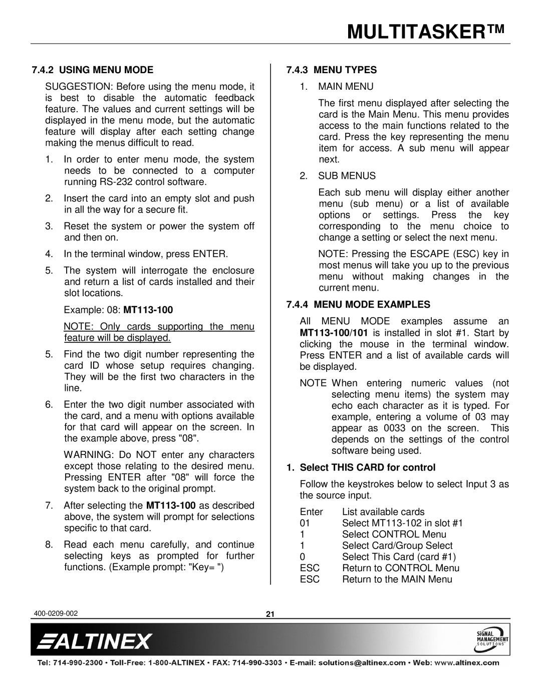 Altinex MT113-101, MT113-100 manual Using Menu Mode, Menu Types, Menu Mode Examples, Select this Card for control 