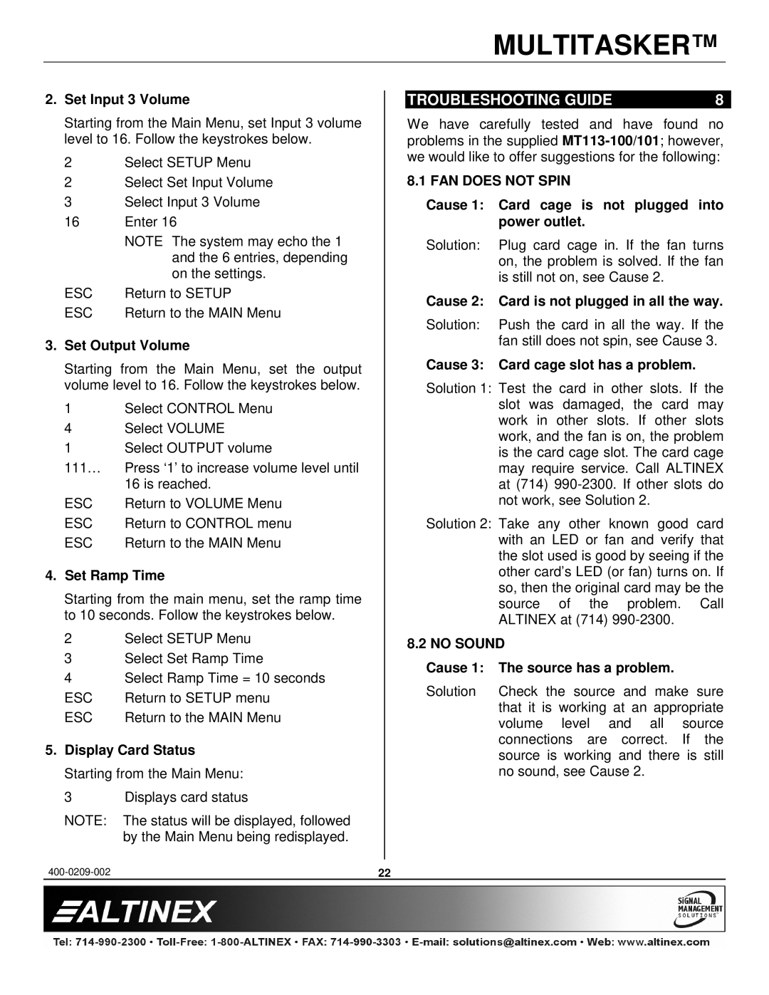 Altinex MT113-100, MT113-101 manual Troubleshooting Guide, FAN does not Spin, No Sound 