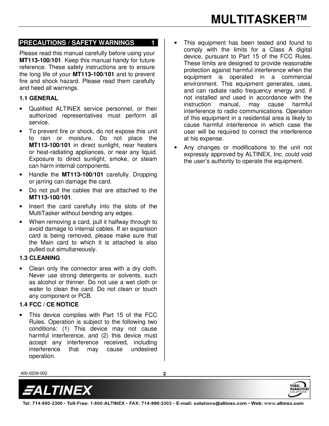 Altinex MT113-100, MT113-101 manual Precautions / Safety Warnings, General, Cleaning, FCC / CE Notice 