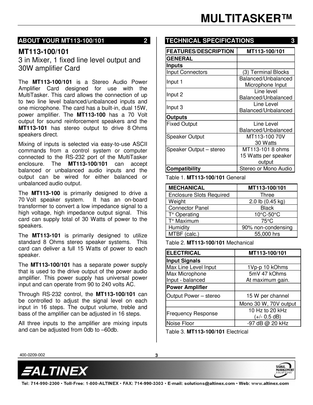 Altinex MT113-101 manual MT113-100/101, Technical Specifications 