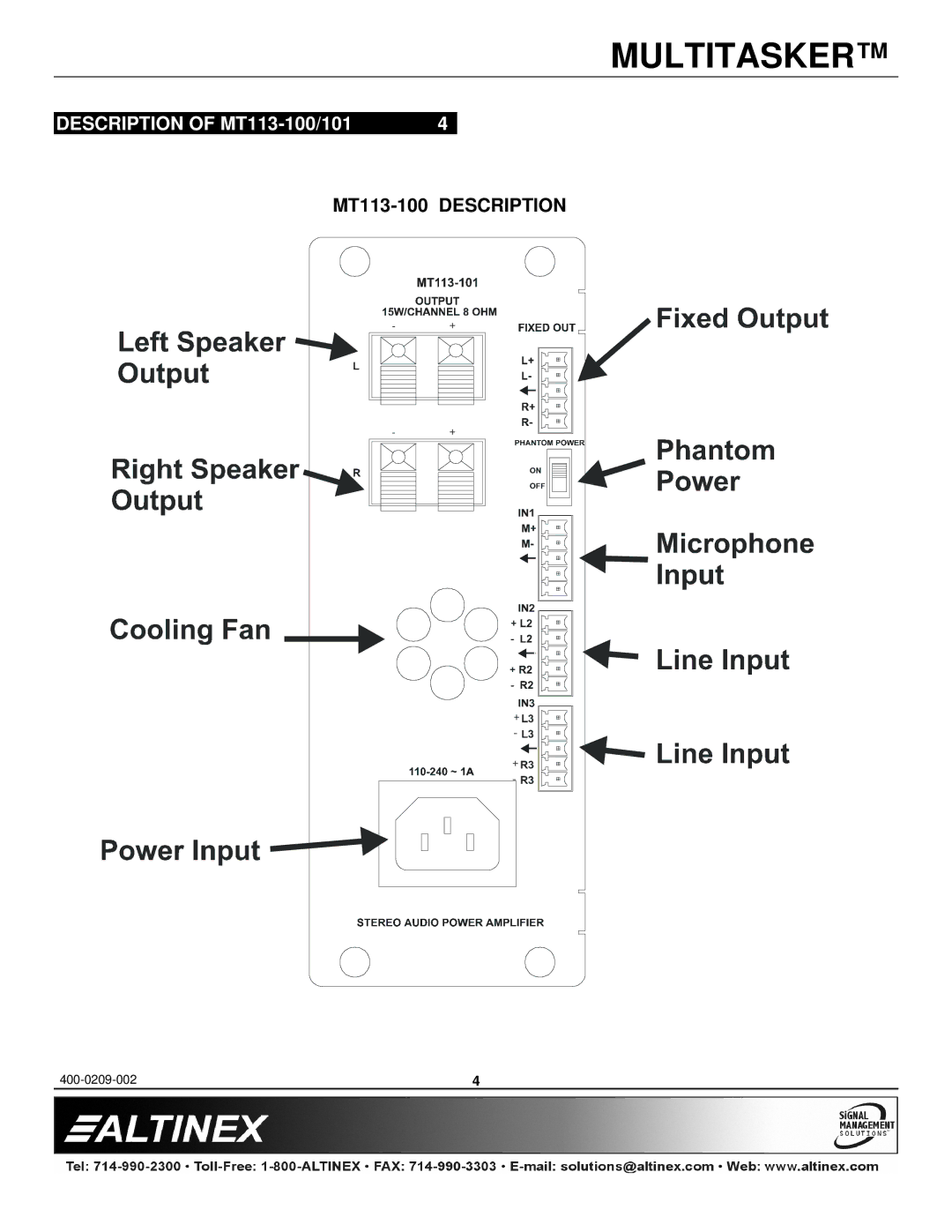 Altinex MT113-101 manual Description of MT113-100/101 