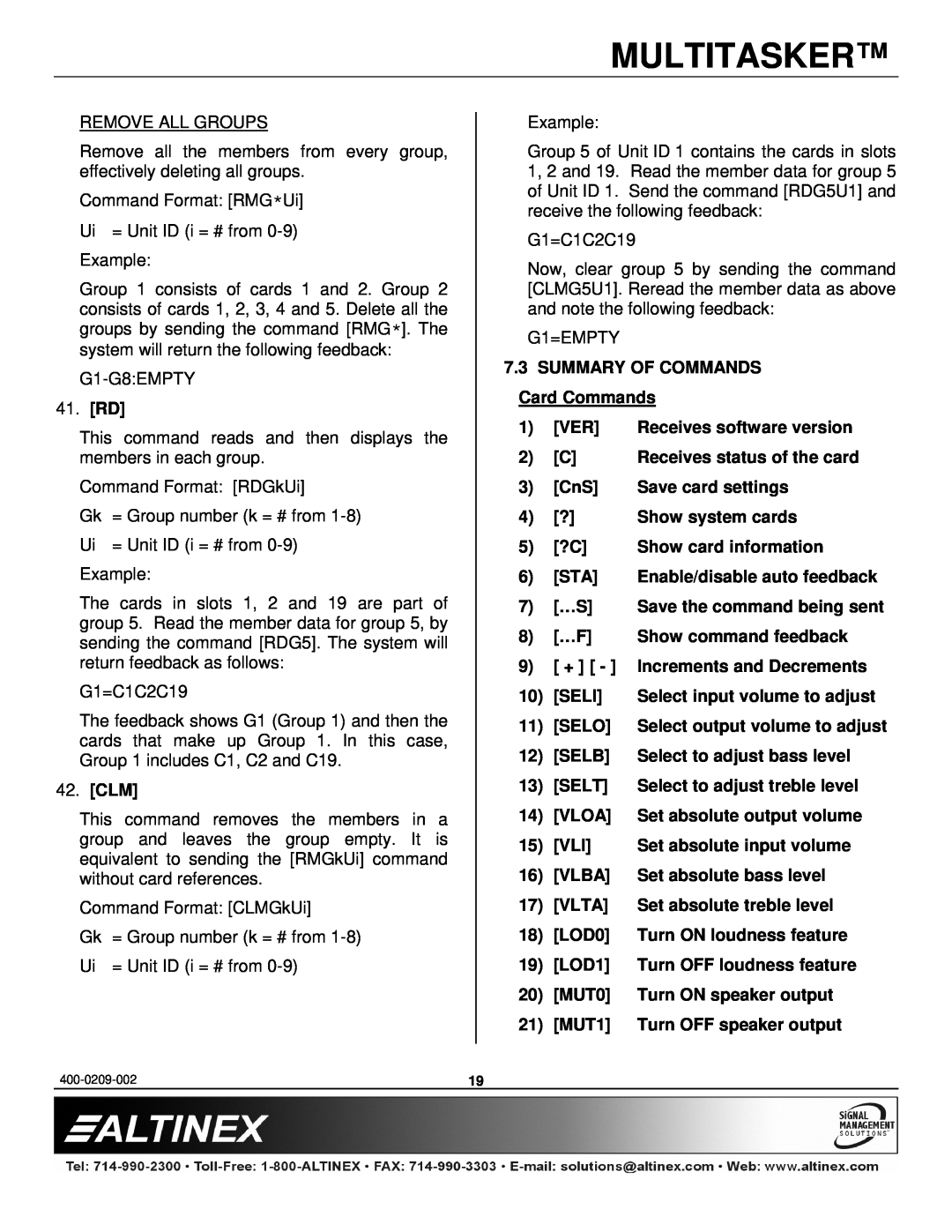 Altinex MT113-101 41.RD, 42.CLM, 7.3SUMMARY OF COMMANDS Card Commands, 1 VER, 2C Receives status of the card, 3 CnS, Seli 