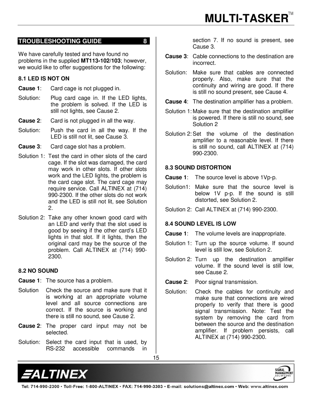 Altinex MT113-102/103 manual Troubleshooting Guide, LED is not on, No Sound, Sound Distortion, Sound Level is LOW 