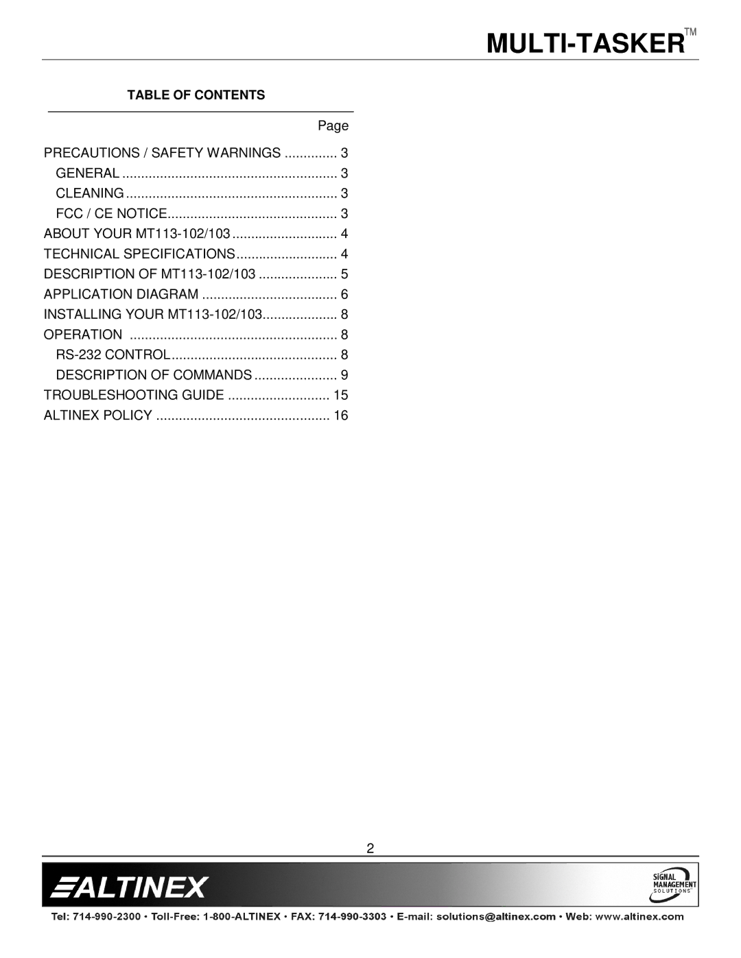 Altinex MT113-102/103 manual Precautions / Safety Warnings 