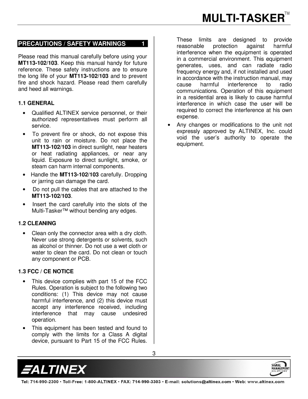 Altinex MT113-102/103 manual Precautions / Safety Warnings, General, Cleaning, FCC / CE Notice 