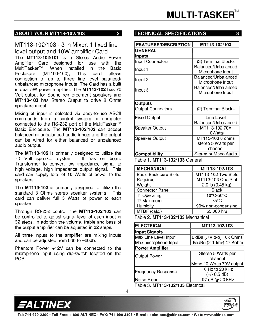 Altinex MT113-102/103 manual Technical Specifications, Mechanical 