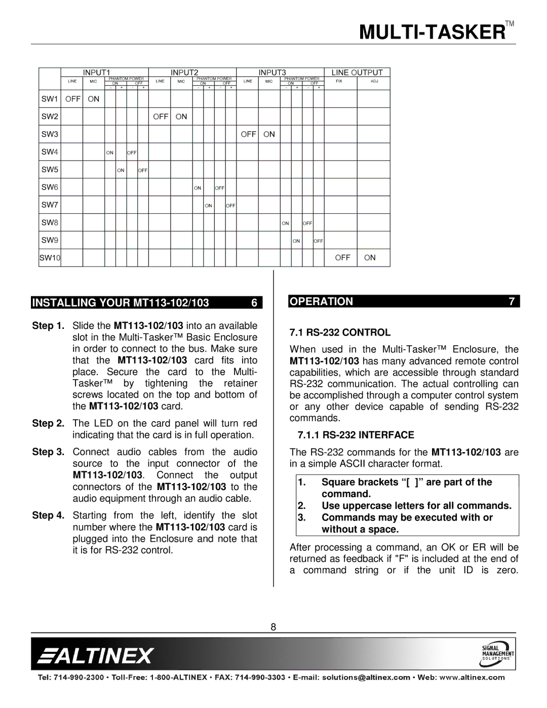 Altinex manual Installing Your MT113-102/103, Operation, RS-232 Control, 1 RS-232 Interface 