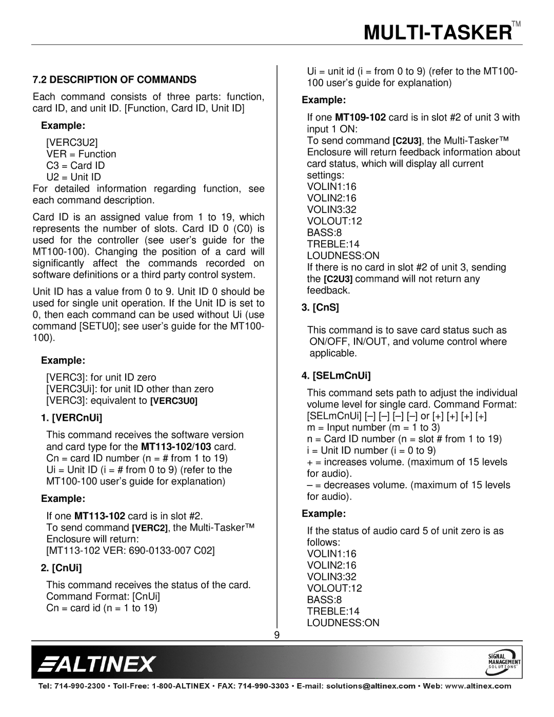 Altinex MT113-102/103 manual Description of Commands 