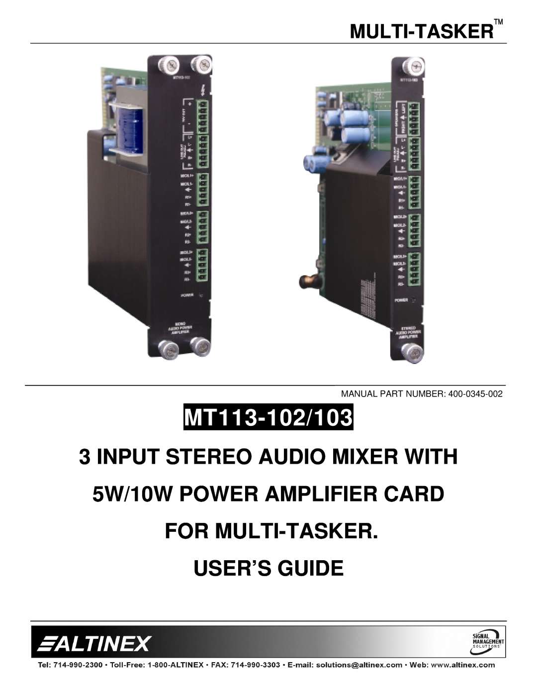 Altinex MT113-102/103 manual Multi-Tasker, User’S Guide 