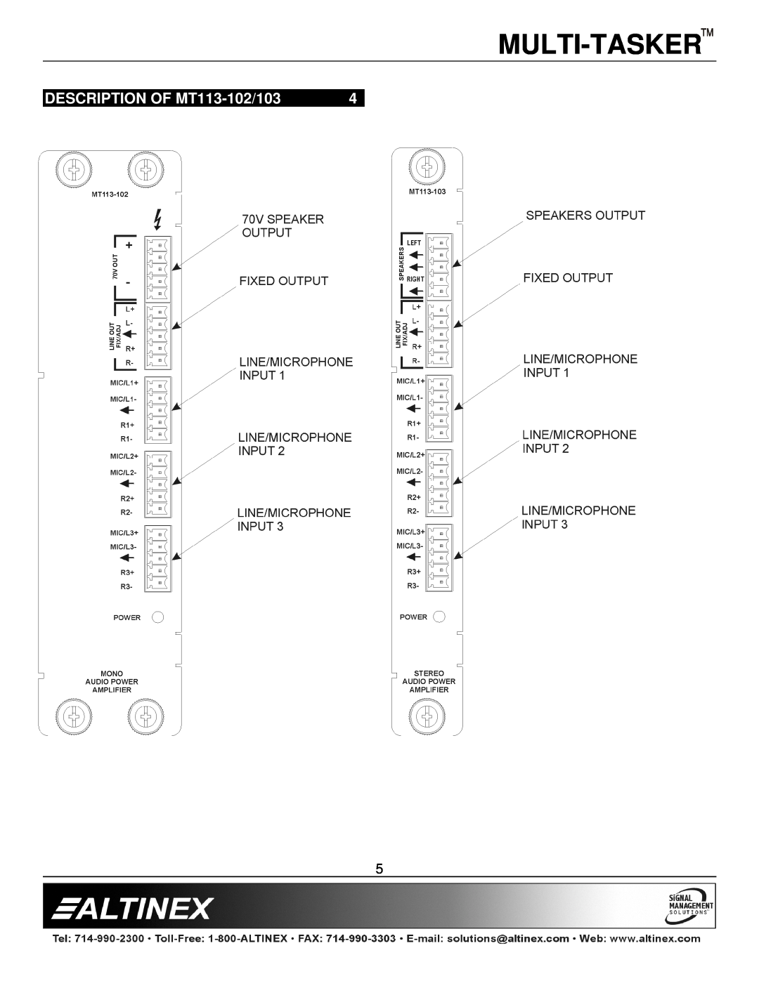 Altinex manual DESCRIPTION OF MT113-102/103, Multi-Tasker 