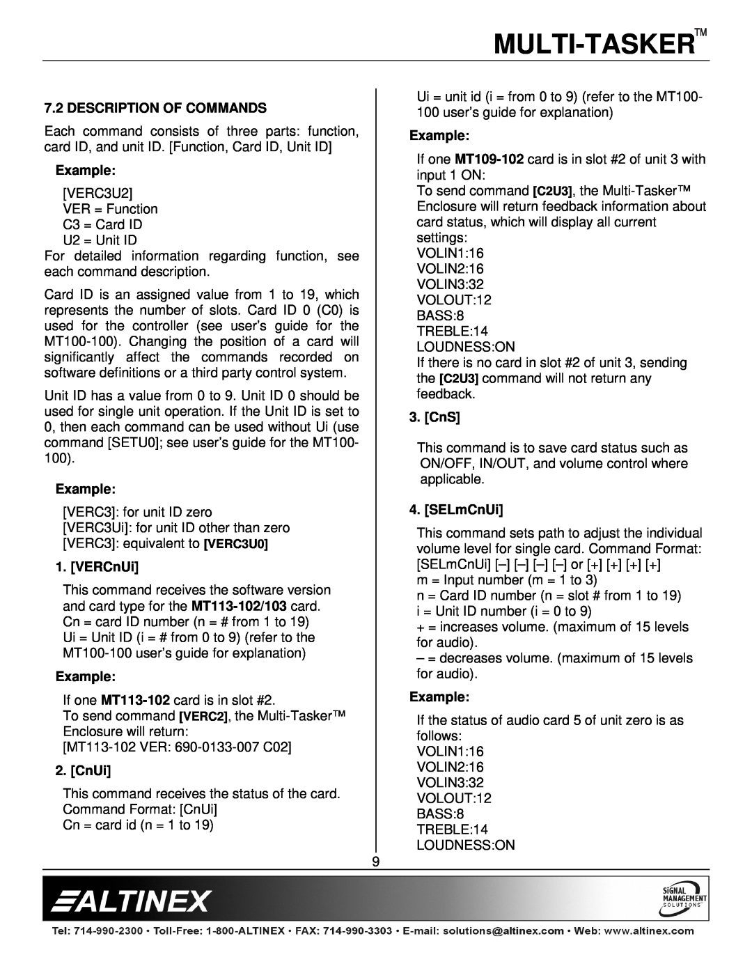 Altinex MT113-102/103 manual Multi-Tasker, Description Of Commands 