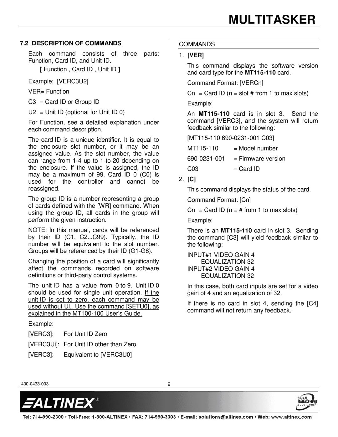 Altinex MT115-110 manual Description of Commands, Ver 