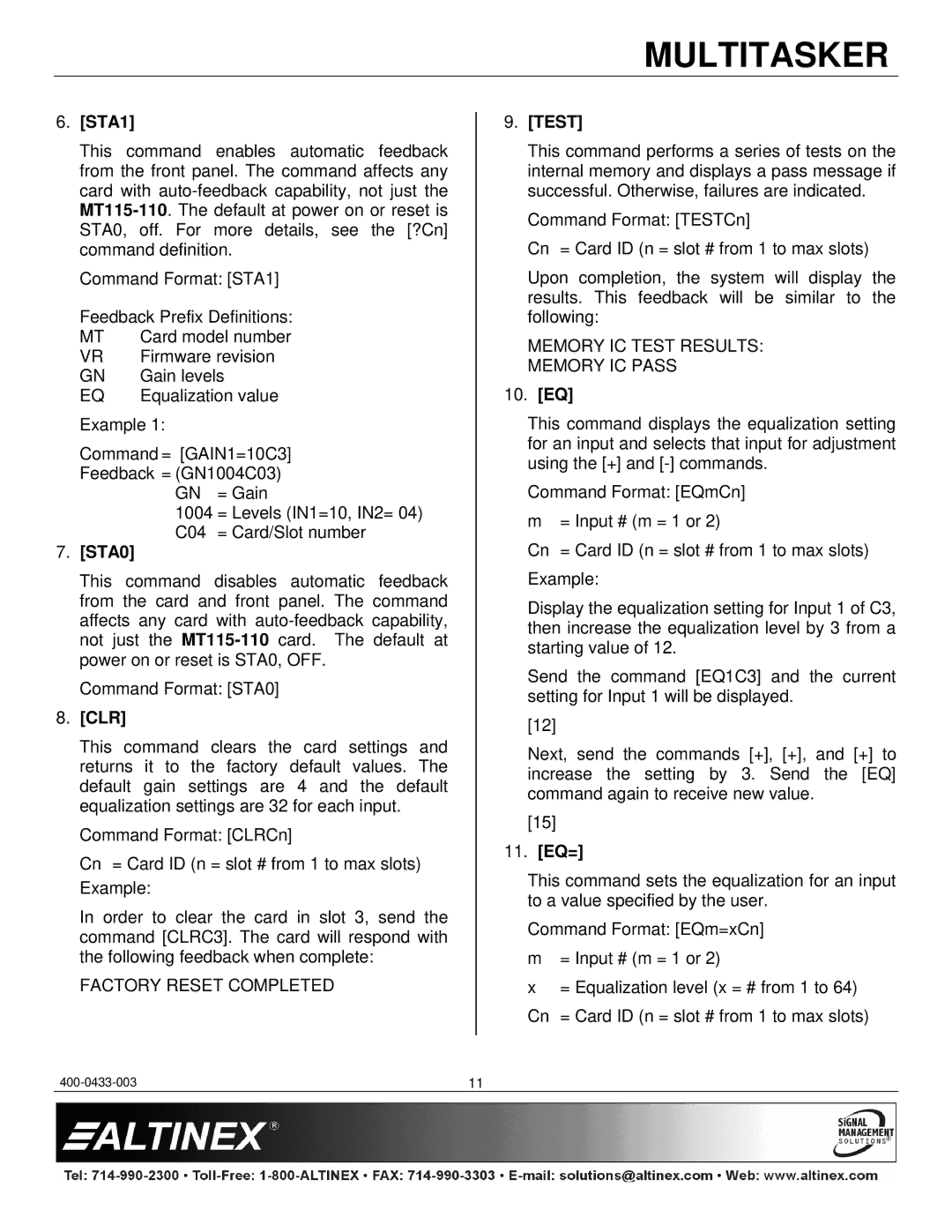 Altinex MT115-110 manual STA1, STA0, Clr, Test, 10. EQ, 11. EQ= 