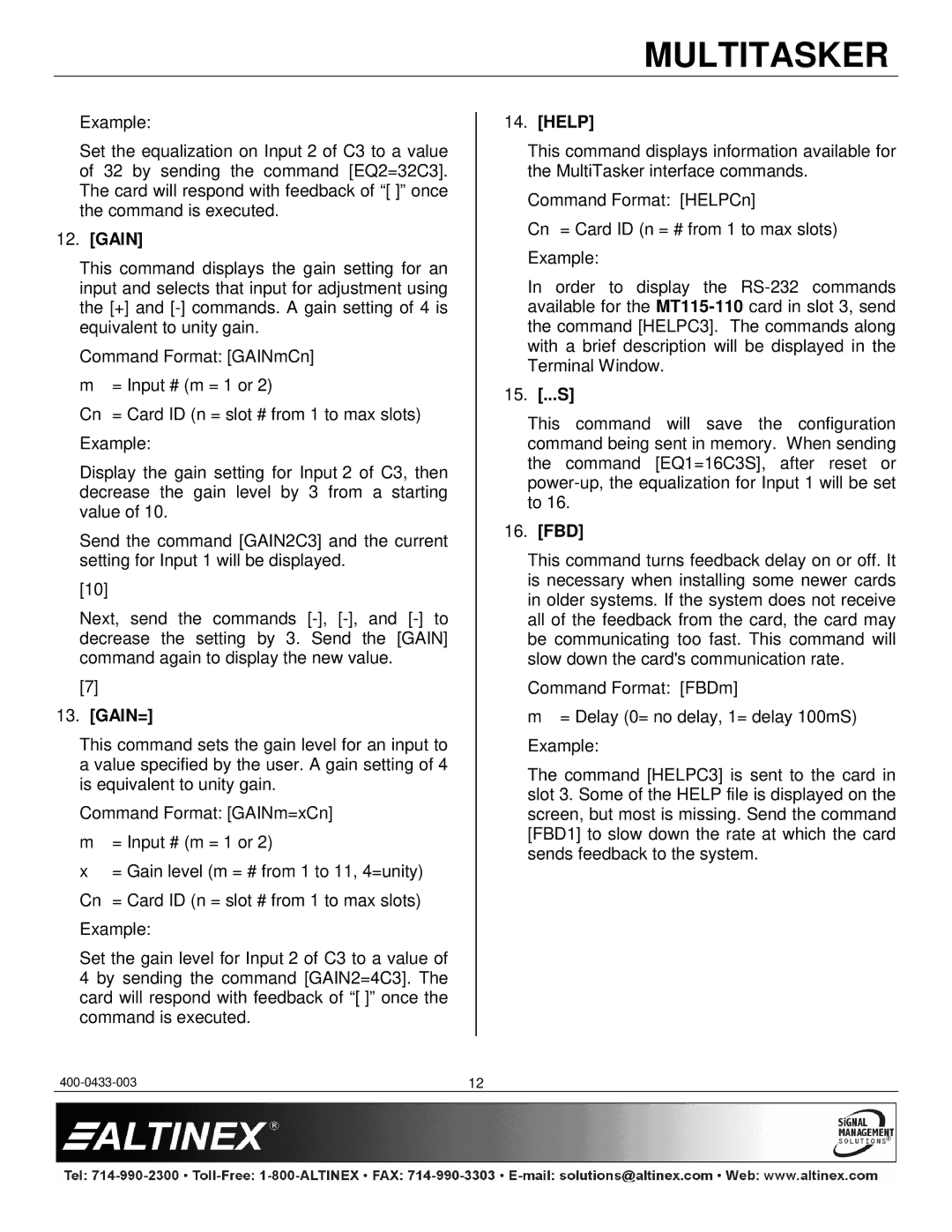 Altinex MT115-110 manual Gain=, Help, 15. ...S, Fbd 