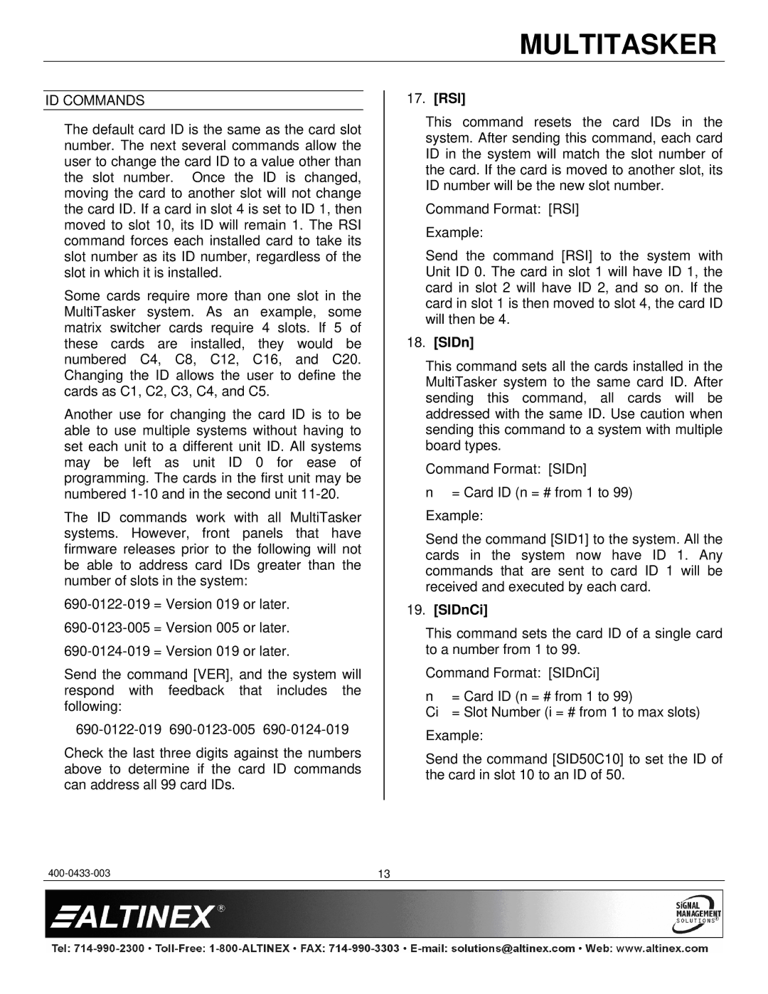 Altinex MT115-110 manual ID Commands, Rsi, SIDnCi 