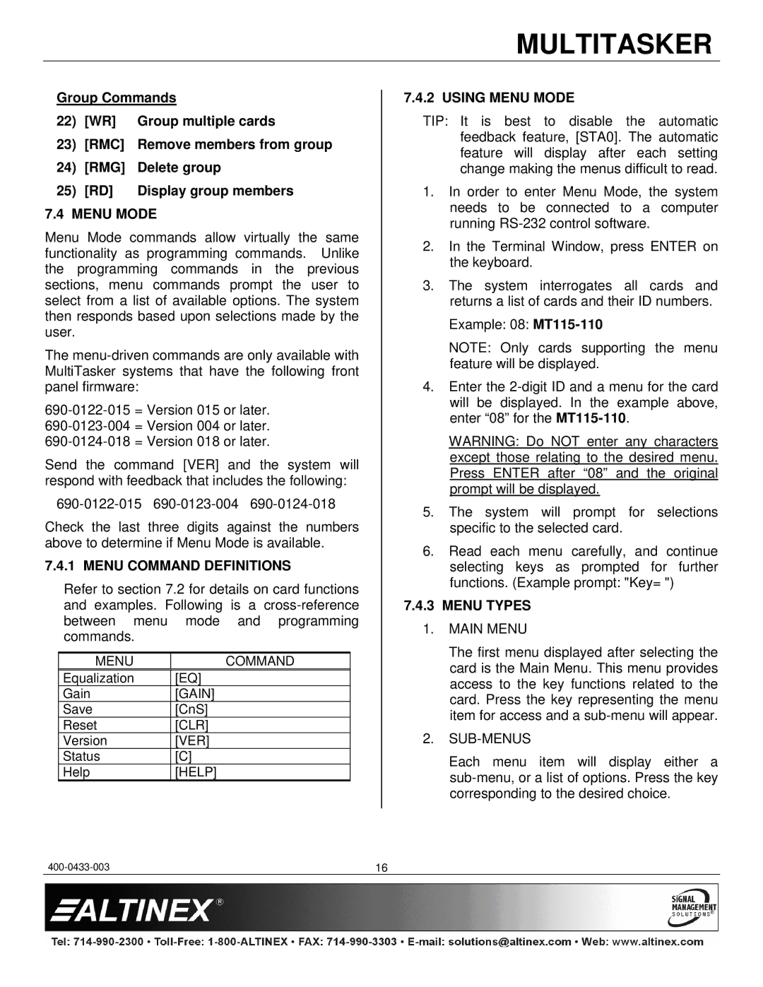 Altinex MT115-110 manual Menu Command Definitions, Using Menu Mode, Menu Types 