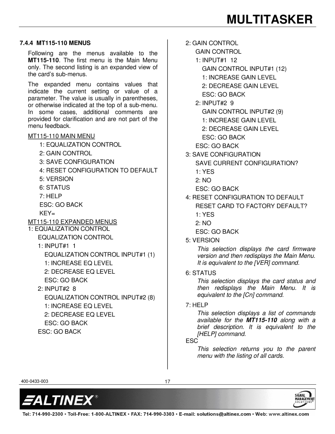 Altinex manual 4 MT115-110 Menus, ESC GO Back Version, Esc 