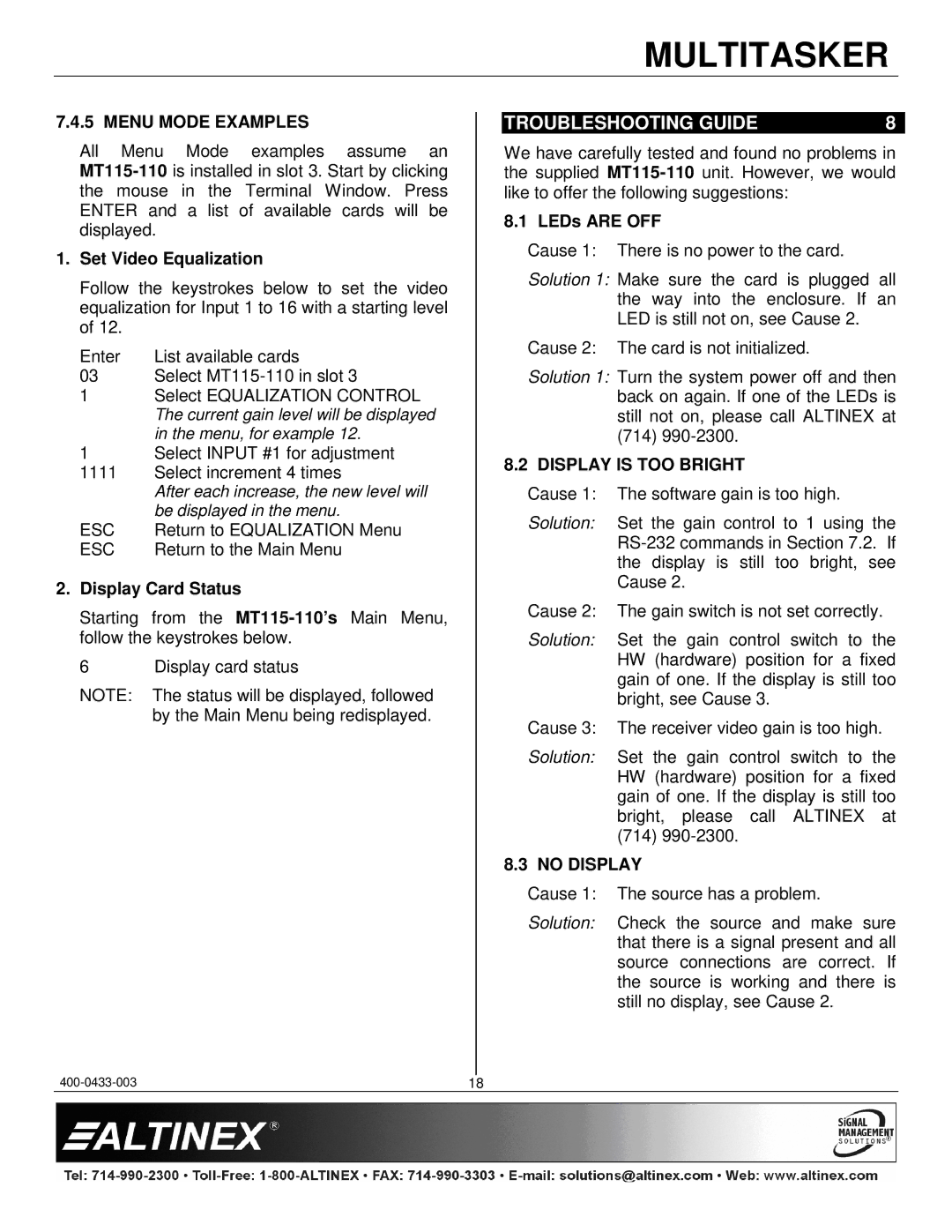 Altinex MT115-110 manual Troubleshooting Guide, Menu Mode Examples, Display is TOO Bright, No Display 