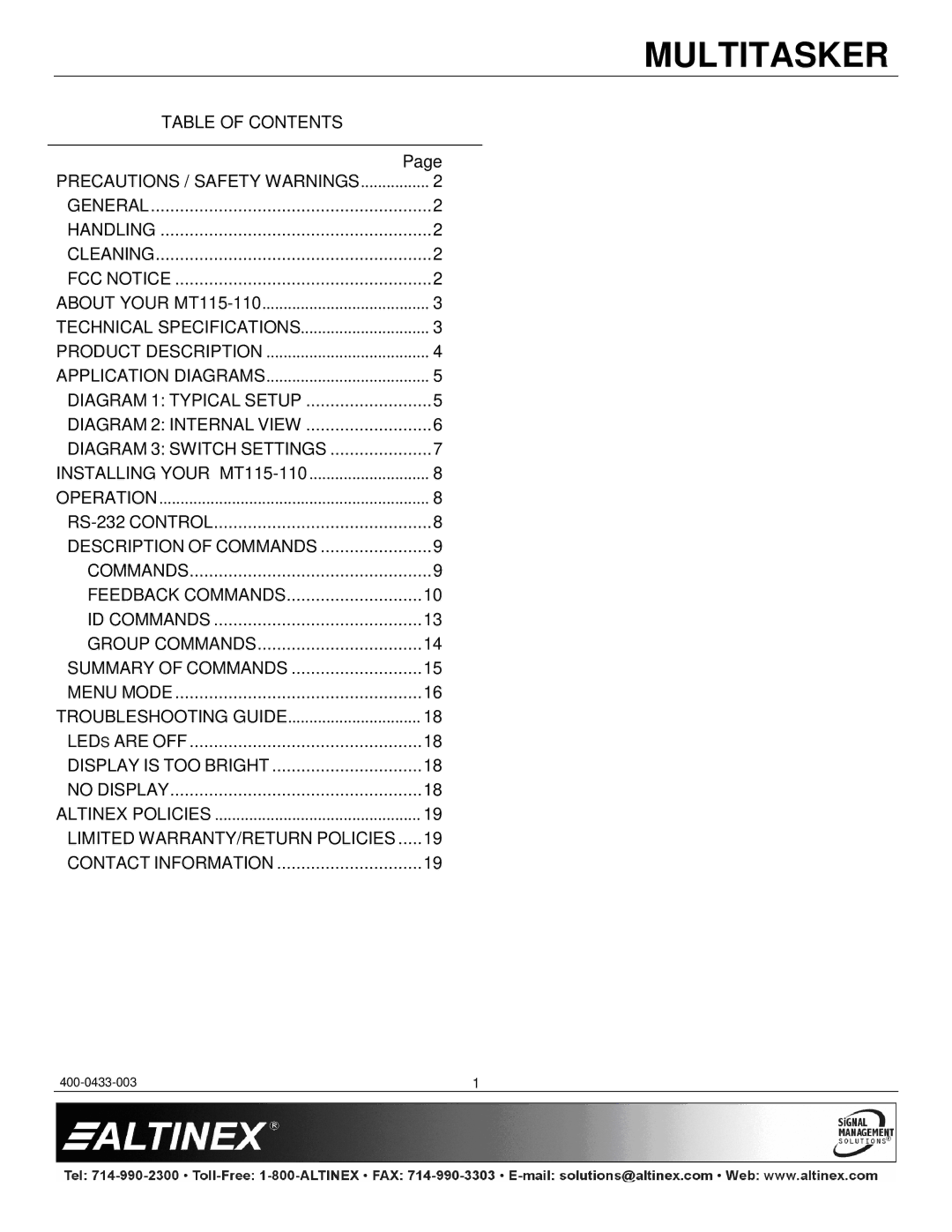 Altinex MT115-110 manual Table of Contents 